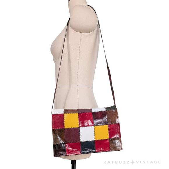 Vintage Leather Patchwork Shoulder Bag Clutch Flap Brown Red Yellow Artsy Funky - Picture 1 of 12